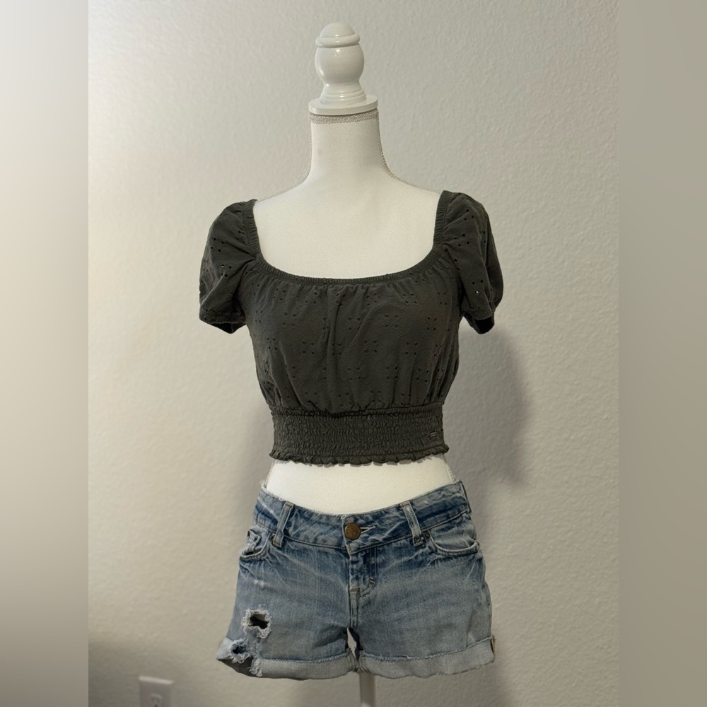 Hollister Green Puff Sleeve Eyelet Crop Top